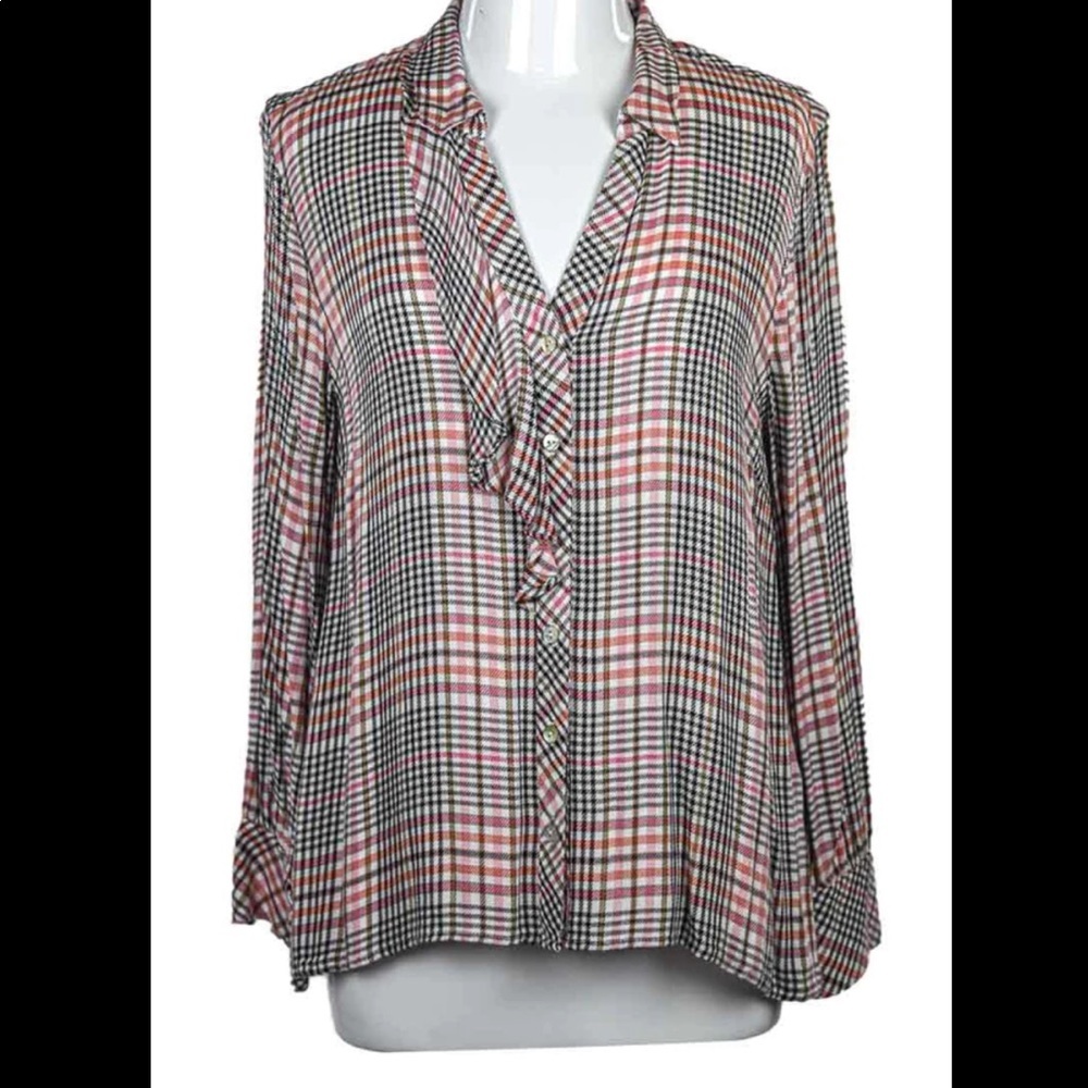 J Jill pink and black plaid button up blouse with ruffle neck detail